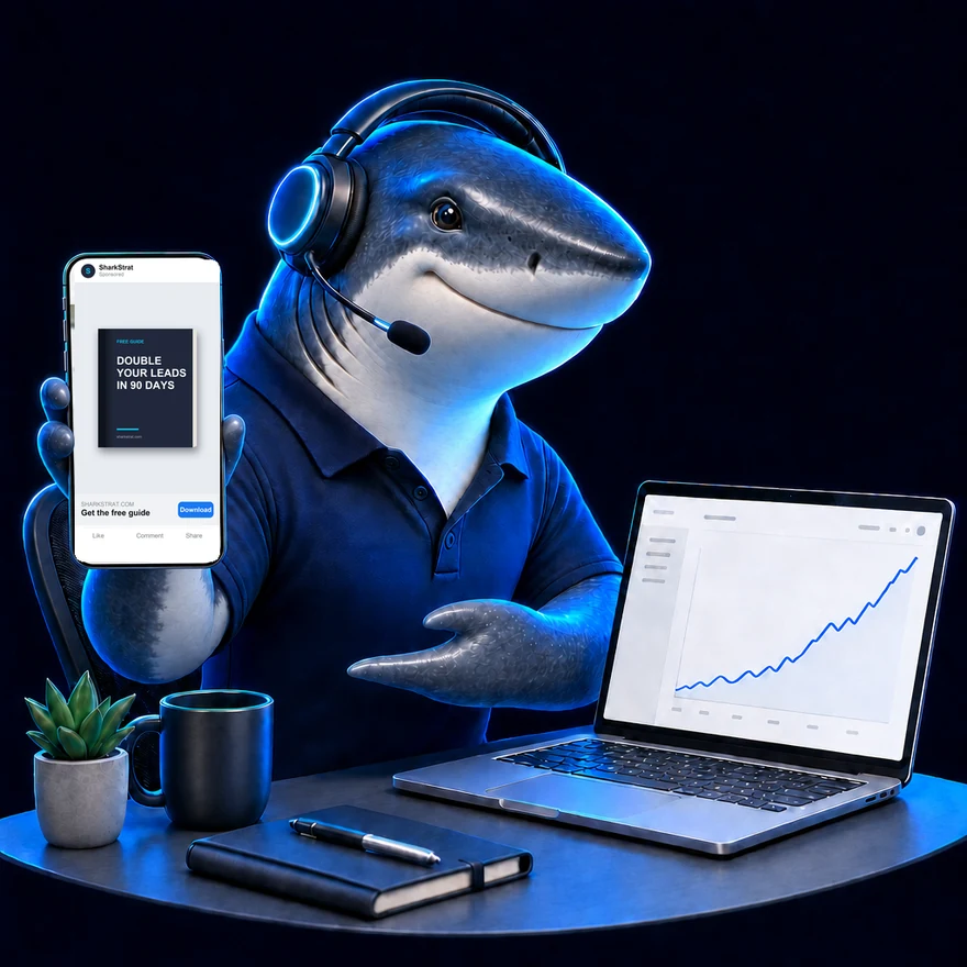 The SharkStrat agent reviewing a Facebook ad on a floating screen