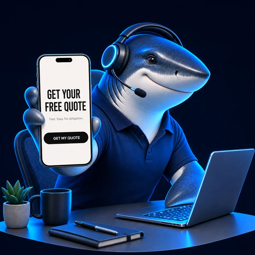 The SharkStrat agent holding up a single landing page with one button on it